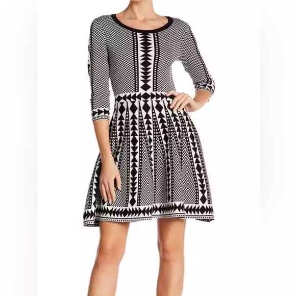 Graphic Geometric Nina Leonard Sweater Dress Black White Fit and Flare Small - Picture 1 of 6